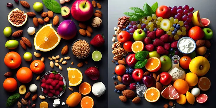 نمایی از مواد غذایی همانند میوه ها، مغزها و لبنیات در کنار یکدیگر