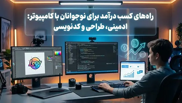 میز کار حرفهای یک نوجوان در حال کسب درآمد از طریق برنامهنویسی، طراحی گرافیک و ادمینی.