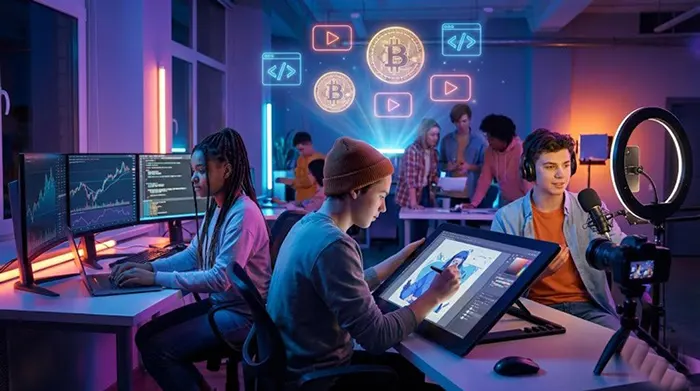 میز کار حرفهای یک نوجوان در حال کسب درآمد از طریق برنامهنویسی، طراحی گرافیک و ادمینی.
