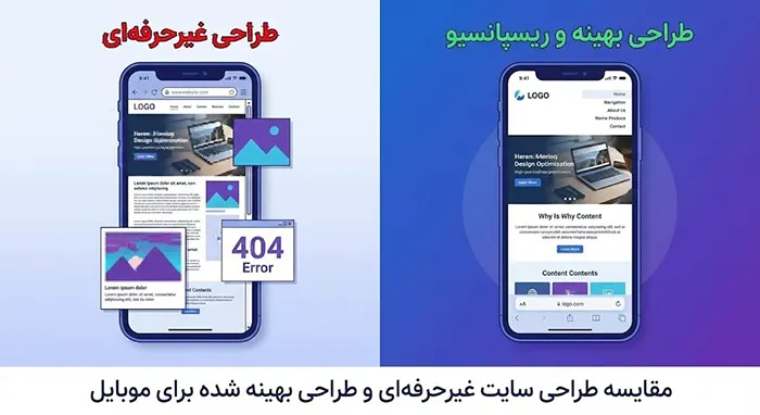 مقایسه طراحی سایت غیرحرفهای و طراحی بهینه شده برای موبایل.