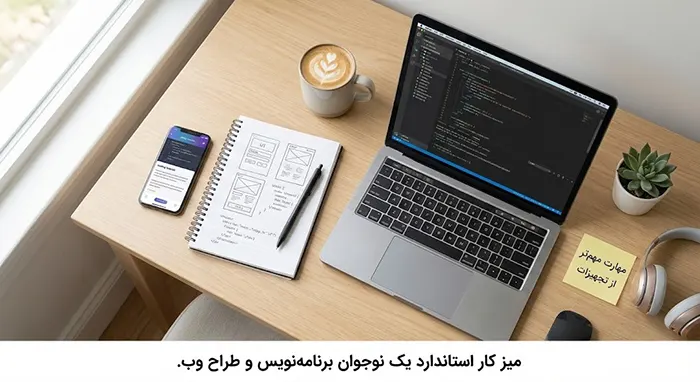میز کار استاندارد یک نوجوان برنامه نویس و طراح وب.