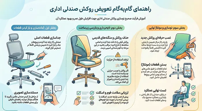 مراحل گام به گام تعویض روکش صندلی اداری