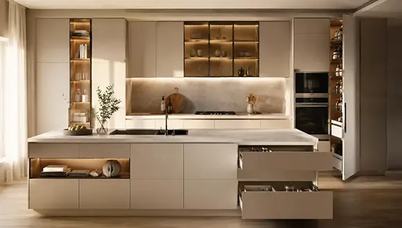 کابینت آشپزخانه مدرن با بدنه باکیفیت، لبهبندی دقیق و دربهای کاملاً همراستا