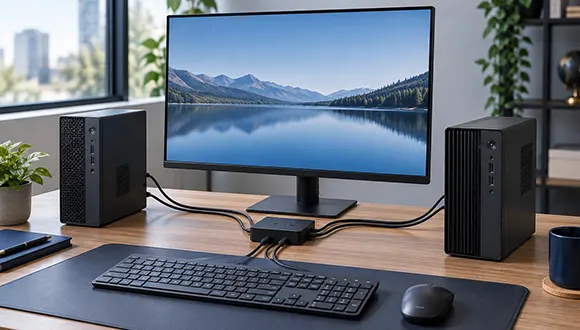 دو کامپیوتر متصل به یک مانیتور، کیبورد و ماوس از طریق سوئیچ KVM