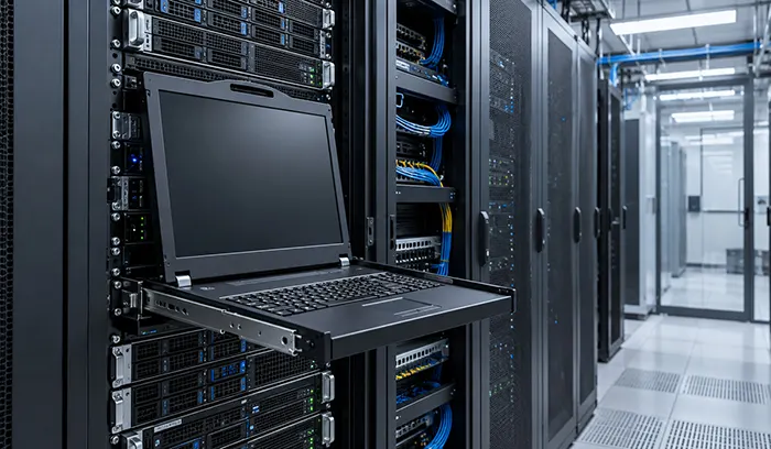 کنسول KVM دارای نمایشگر و کیبورد در رک اتاق سرور
