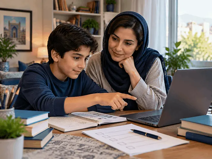 والدین و دانشآموز در حال بررسی و انتخاب کلاس آنلاین آمادگی تیزهوشان ششم